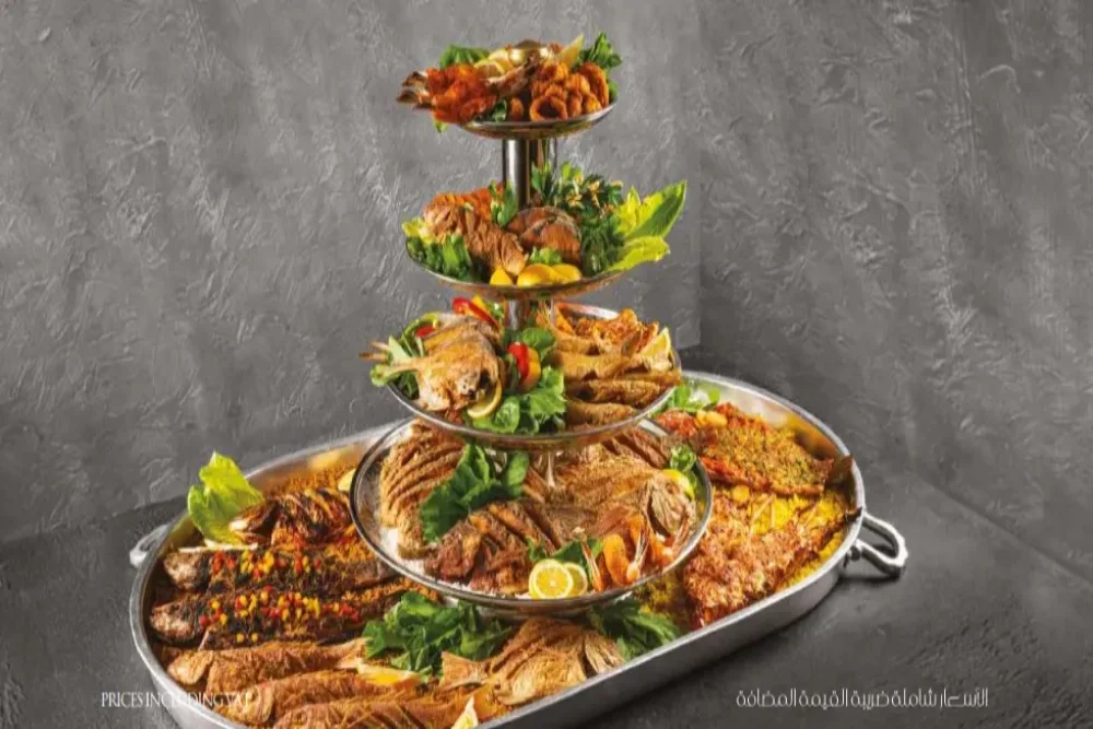 seafood platter on three tier serving bowl